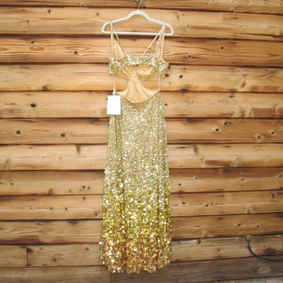 MAC DUGGAL 6077 Gold Thin Strap Cut Out Gown With Ombre Sequins - Picture 13 of 16